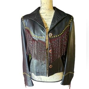 Scully black leather jacket S with twisted fringe and brass studded detail